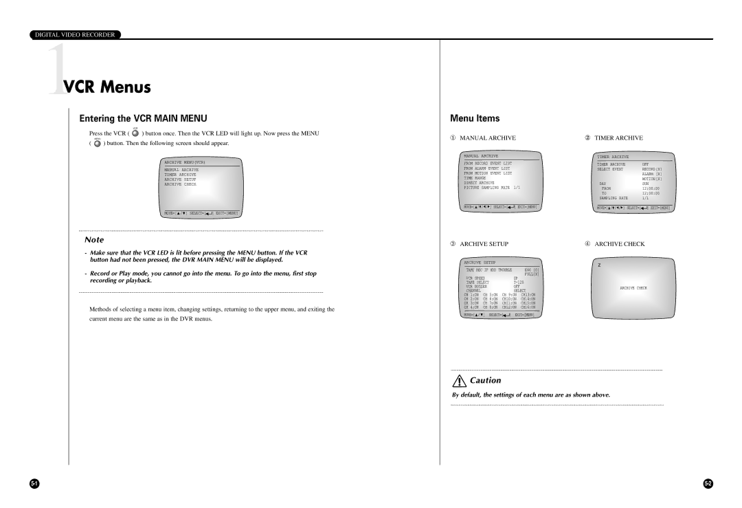 Samsung SCR-3000P manual 1VCR Menus, Entering the VCR Main Menu, Menu Items, ① Manual Archive ② Timer Archive 