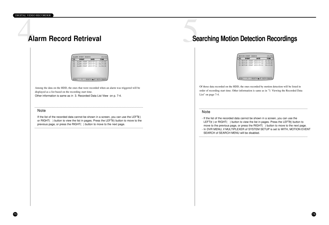 Samsung SCR-3000P manual 4Alarm Record Retrieval, 5Searching Motion Detection Recordings 