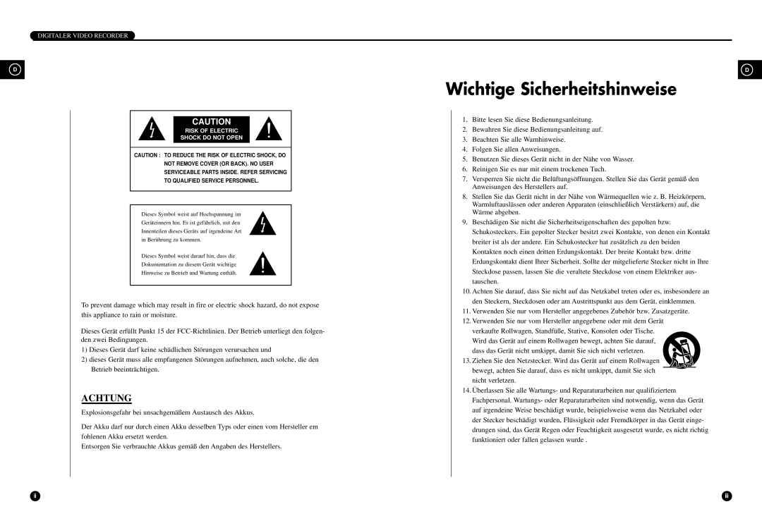 Samsung SCR-3000P manual Wichtige Sicherheitshinweise, Digitaler Video Recorder 