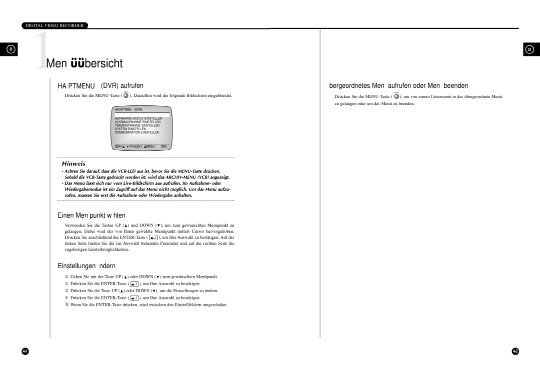 Samsung SCR-3000P manual 1Menüübersicht, Haüptmenu DVR aufrufen, Einen Menüpunkt wählen, Einstellungen ändern 