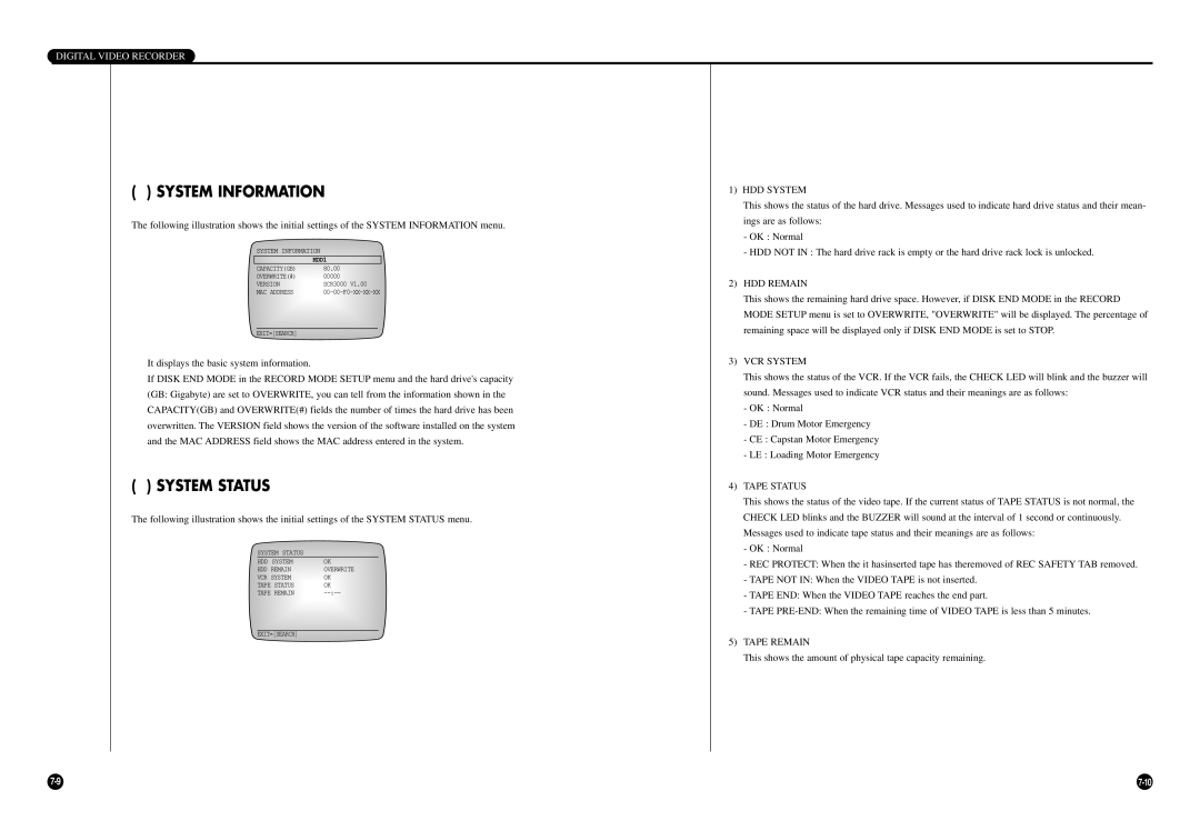 Samsung SCR-3000P manual HDD Remain, Tape Status, Tape Remain, This shows the amount of physical tape capacity remaining 