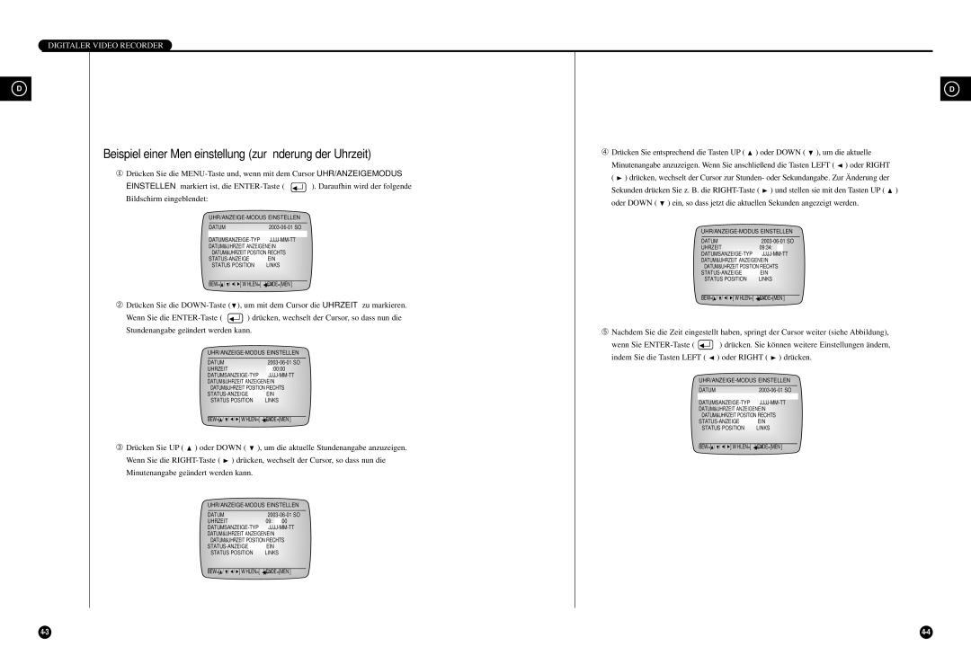 Samsung SCR-3000P manual Beispiel einer Menüeinstellung zur Änderung der Uhrzeit, ➂ Drücken Sie UP 