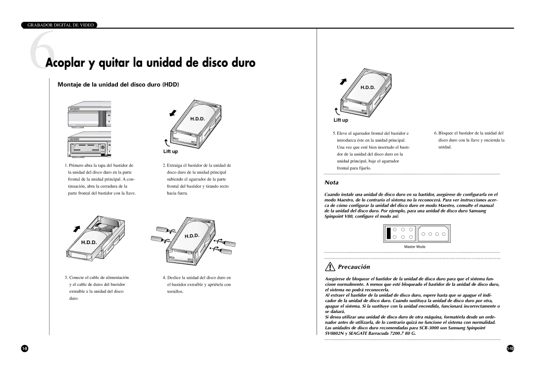 Samsung SCR-3000P manual 6Acoplar y quitar la unidad de disco duro, Montaje de la unidad del disco duro HDD 