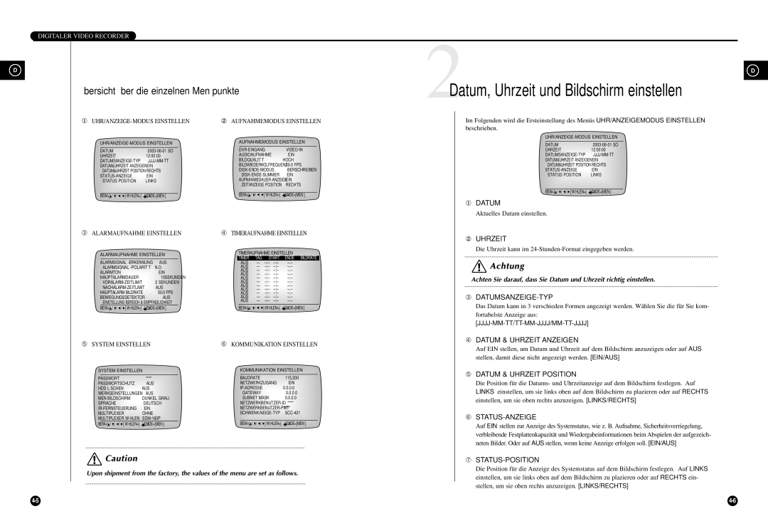 Samsung SCR-3000P manual Übersicht über die einzelnen Menüpunkte 