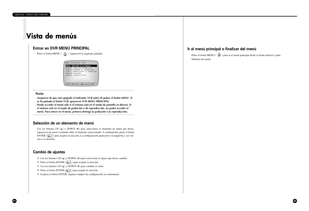 Samsung SCR-3000P manual 1Vista de menús, Entrar en DVR Menú Principal, Selección de un elemento de menú, Cambio de ajustes 