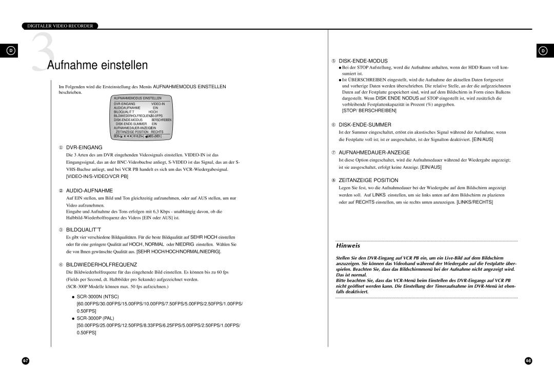 Samsung SCR-3000P manual 3Aufnahme einstellen 