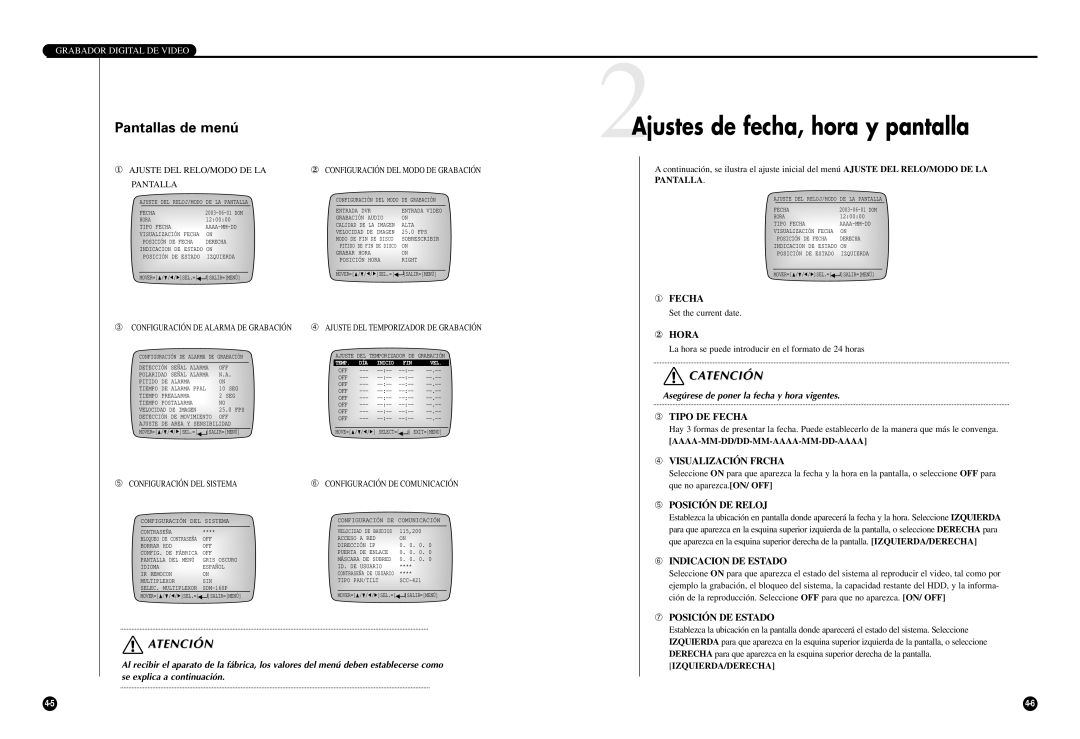 Samsung SCR-3000P manual 2Ajustes de fecha, hora y pantalla, Pantallas de menú 