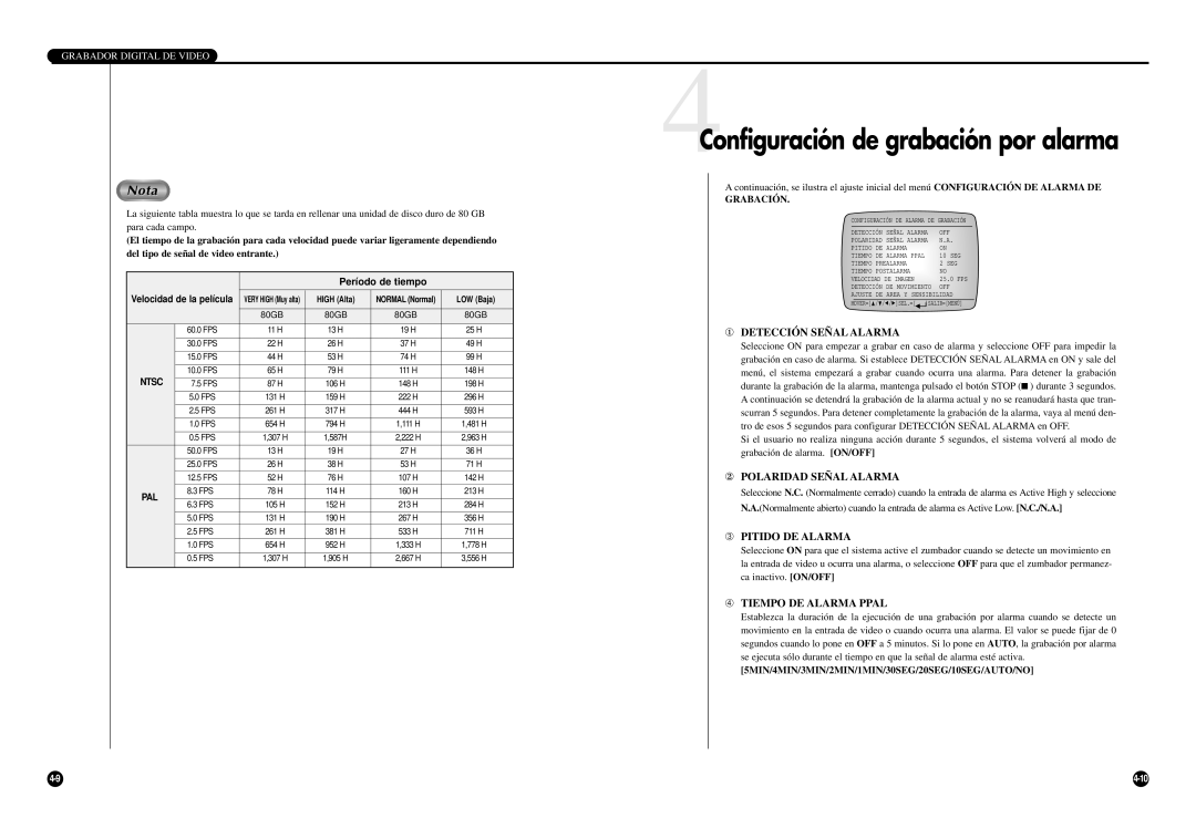 Samsung SCR-3000P manual 4Configuración de grabación por alarma, ① Detección Señal Alarma, ② Polaridad Señal Alarma 