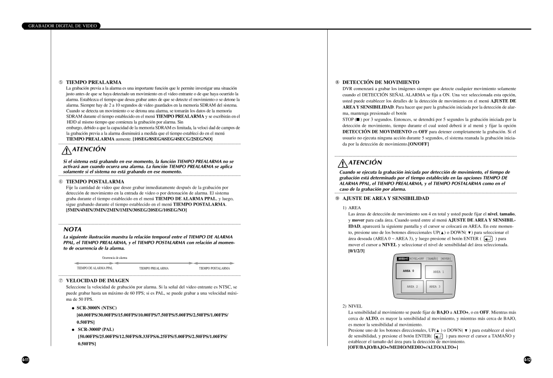 Samsung SCR-3000P manual ➄ Tiempo Prealarma, ➅ Tiempo Postalarma, ➆ Velocidad DE Imagen, ⑧ Detección DE Movimiento 