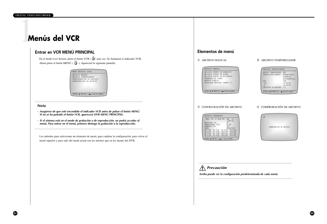 Samsung SCR-3000P manual 1Menús del VCR, Entrar en VCR Menú Principal, Elementos de menú 