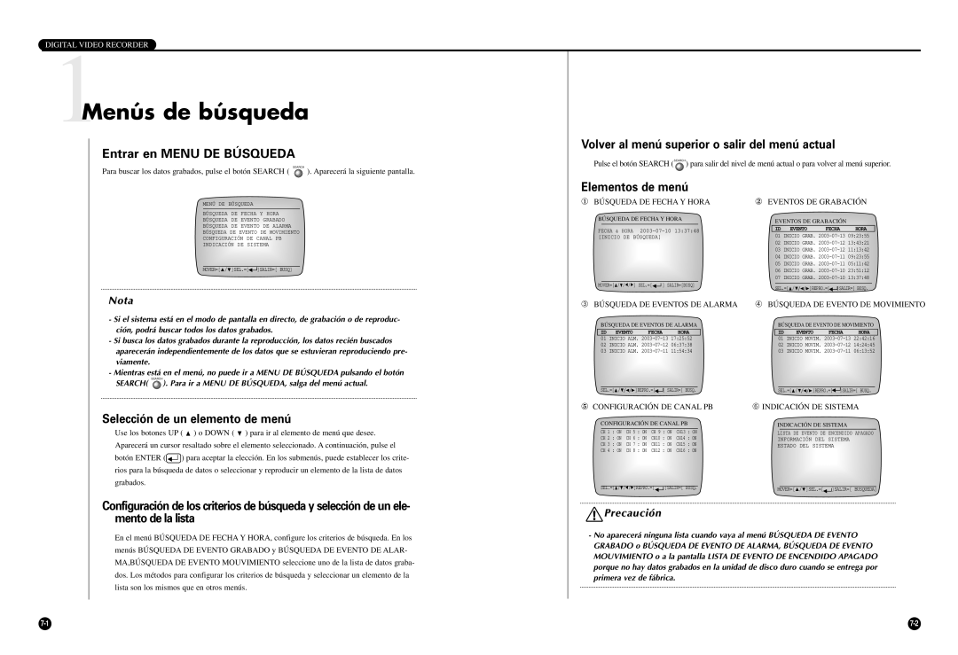 Samsung SCR-3000P manual 1Menús de búsqueda, Entrar en Menu DE Búsqueda, Volver al menú superior o salir del menú actual 