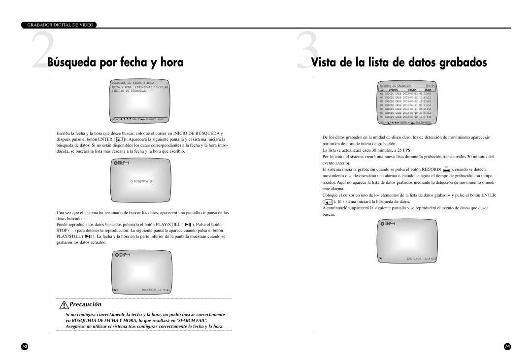 Samsung SCR-3000P manual 2Búsqueda por fecha y hora, 3Vista de la lista de datos grabados 