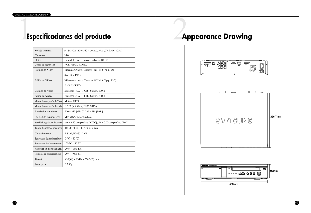 Samsung SCR-3000P manual 1Especificaciones del producto, VCR Video Cinta 