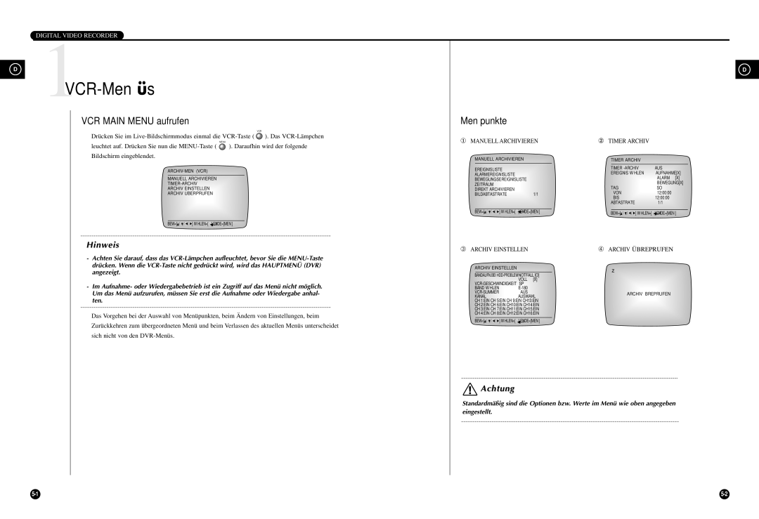 Samsung SCR-3000P manual 1VCR-Menüs, VCR Main Menu aufrufen, Menüpunkte 