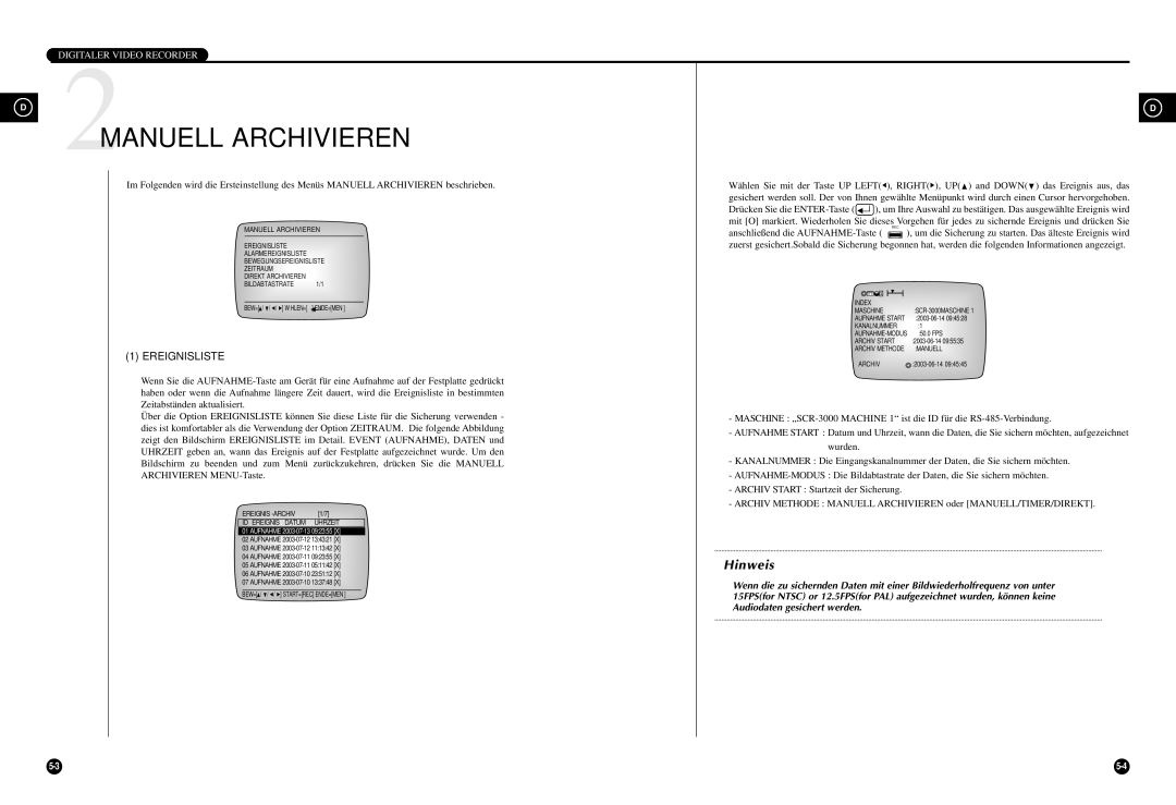 Samsung SCR-3000P manual 2MANUELL Archivieren, Ereignisliste 