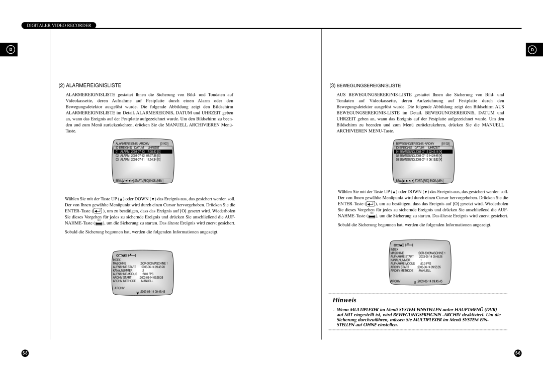 Samsung SCR-3000P manual Alarmereignisliste, Bewegungsereignisliste 