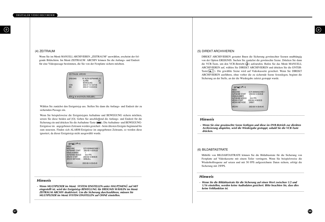 Samsung SCR-3000P manual Zeitraum, Direkt Archivieren, Bildabtastrate 