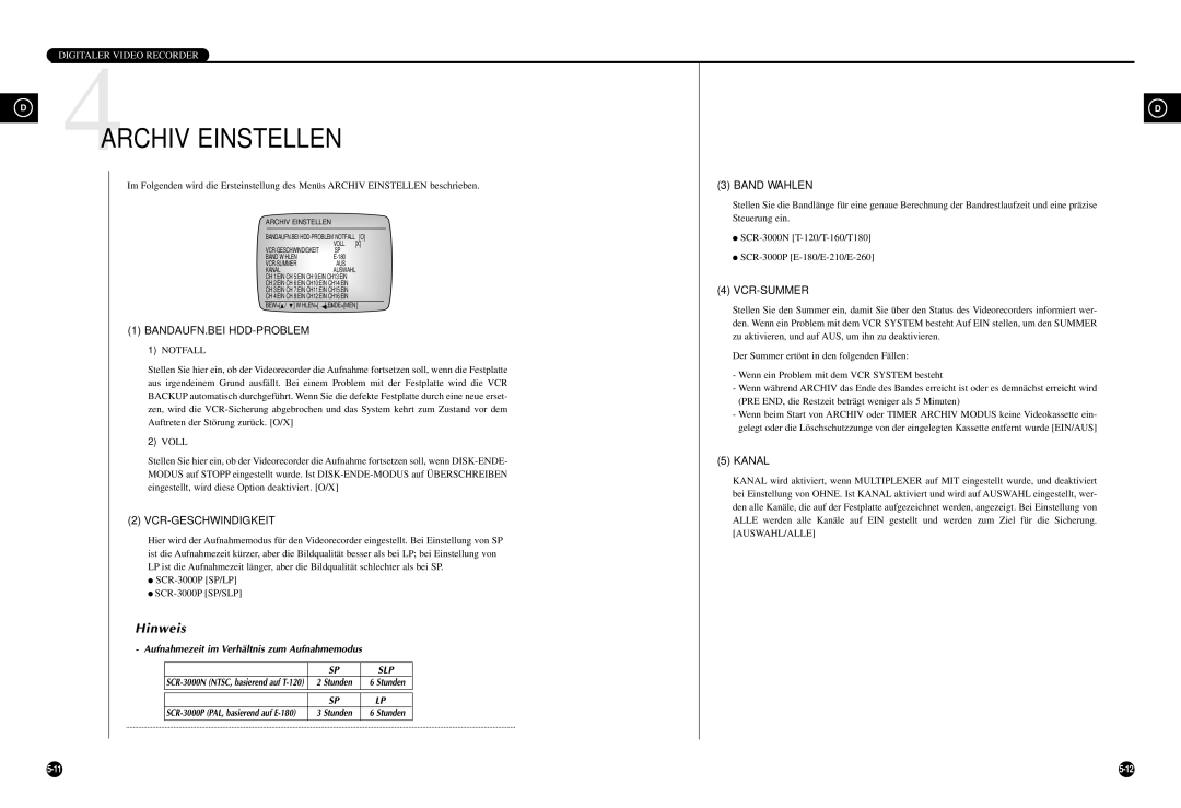 Samsung SCR-3000P manual 4ARCHIV Einstellen 