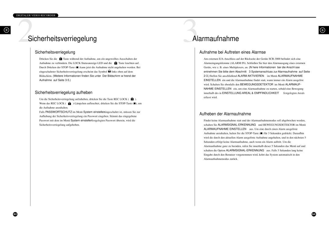 Samsung SCR-3000P manual 2Sicherheitsverriegelung, 3AlarmaufnahmeD 