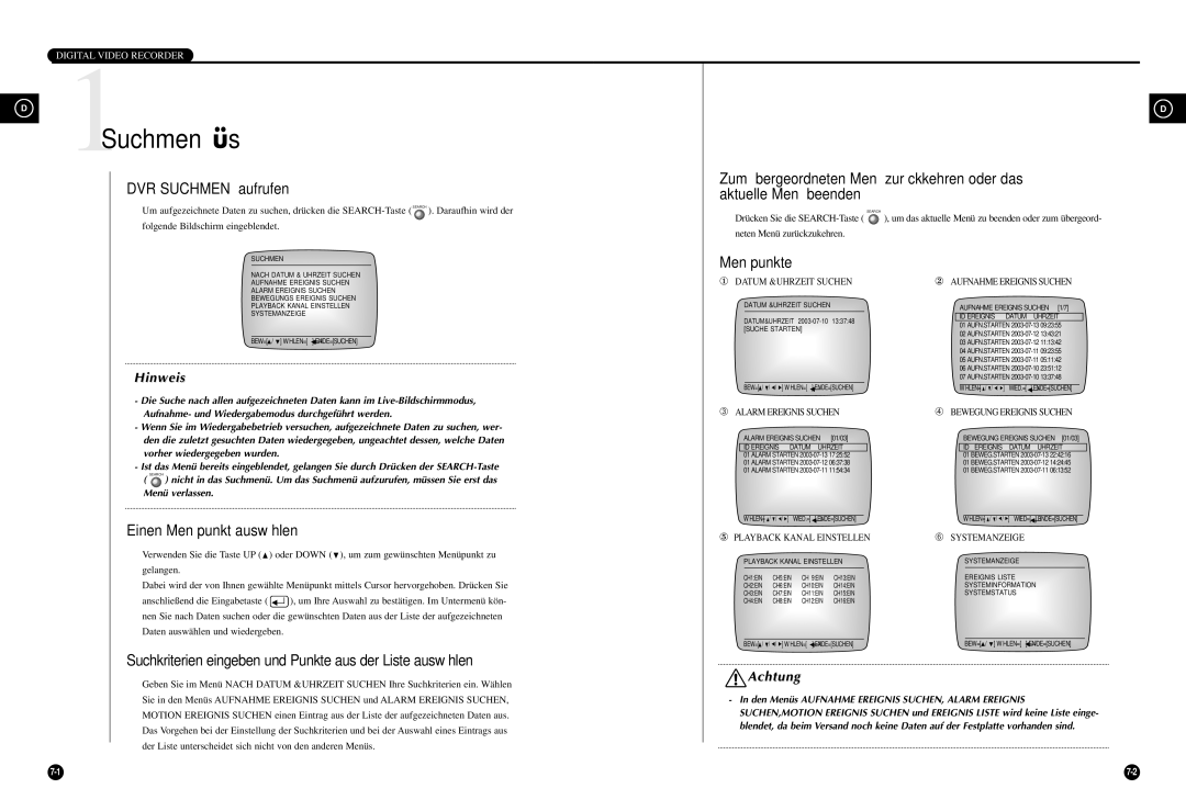 Samsung SCR-3000P manual 1Suchmenüs, DVR Suchmenü aufrufen, Einen Menüpunkt auswählen 