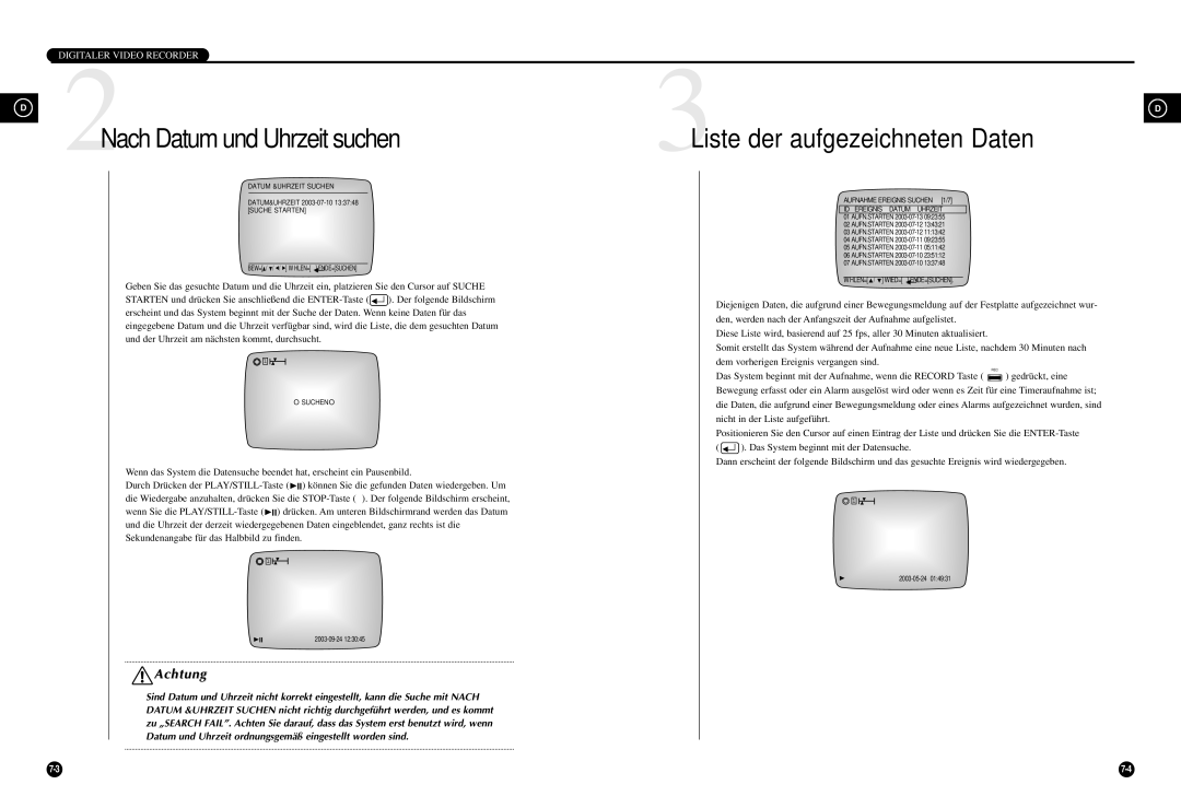 Samsung SCR-3000P manual Nach Datum und Uhrzeit suchen 