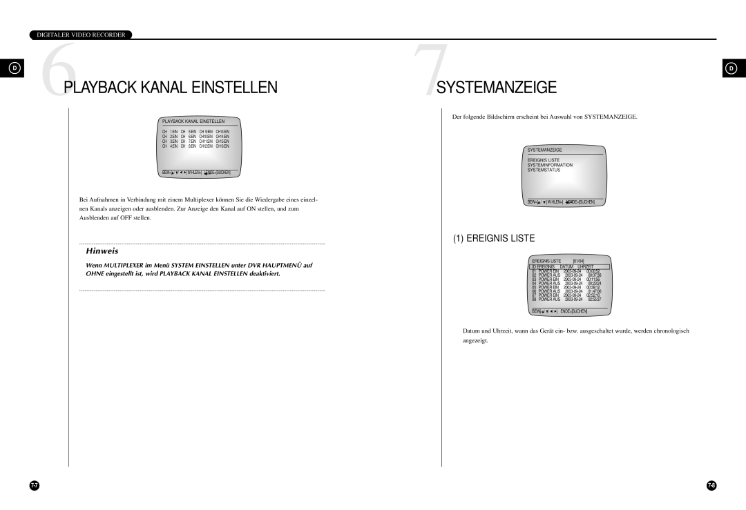 Samsung SCR-3000P manual 7SYSTEMANZEIGED, Playback Kanal Einstellen 