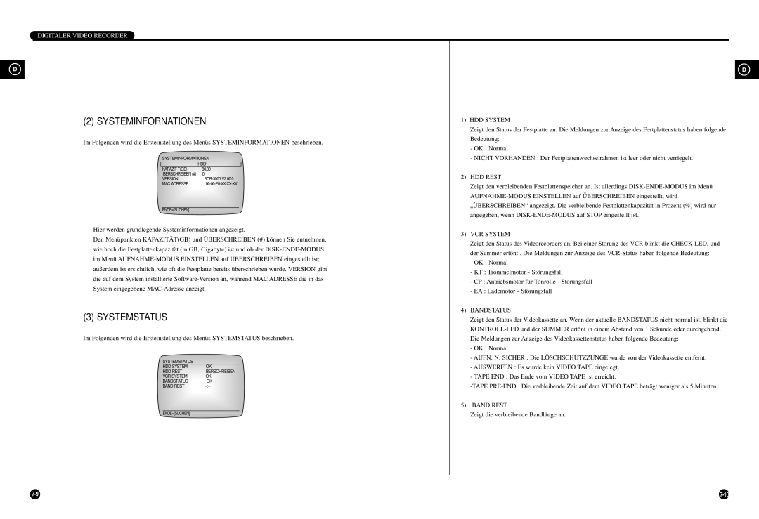 Samsung SCR-3000P manual HDD System, HDD Rest, VCR System, Bandstatus, Band Rest 