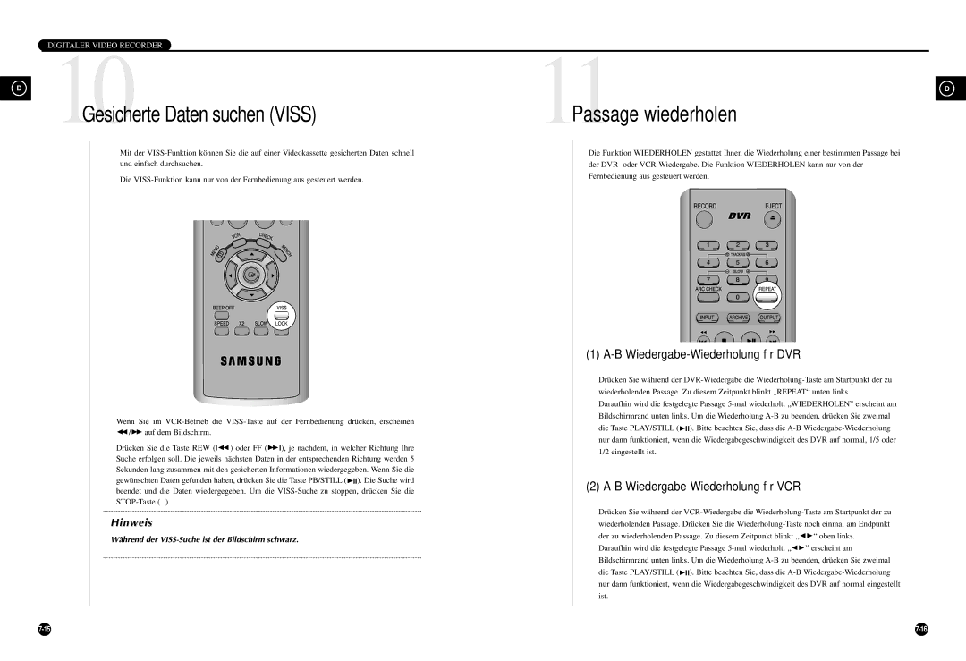 Samsung SCR-3000P manual B Wiedergabe-Wiederholung für DVR, B Wiedergabe-Wiederholung für VCR 