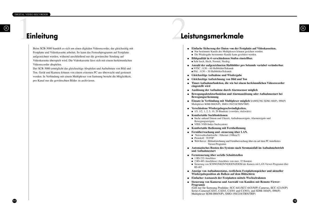 Samsung SCR-3000P manual 1Einleitung, 2LeistungsmerkmaleD, Bildqualität in 4 verschiedenen Stufen einstellbar 