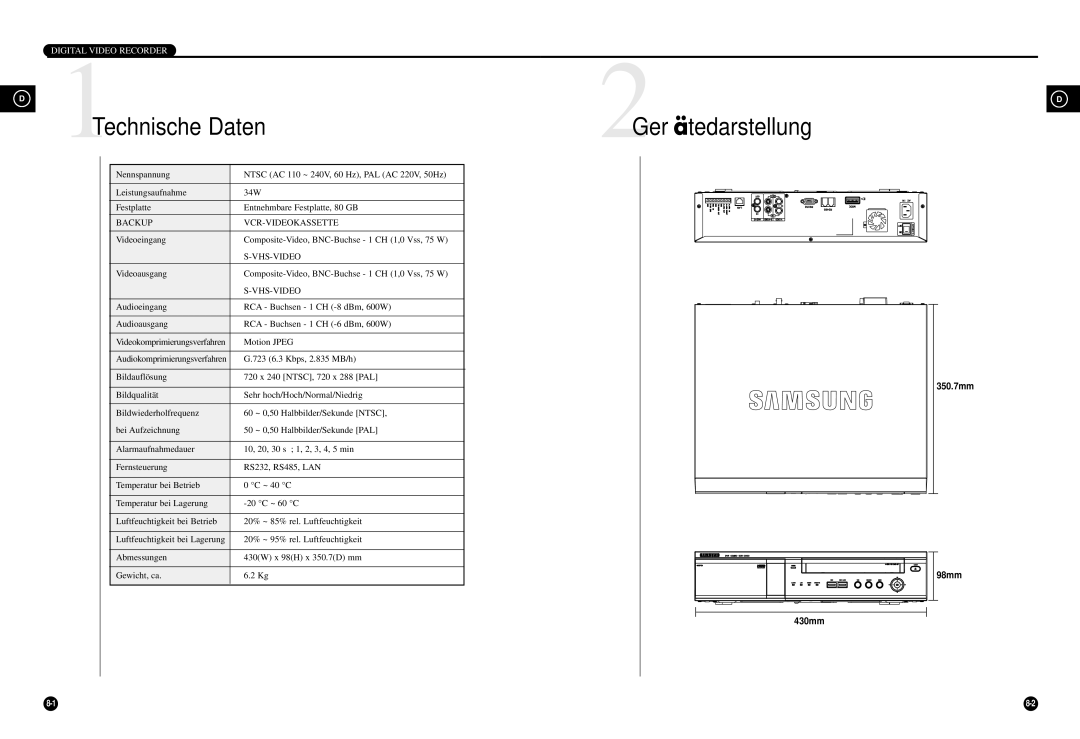 Samsung SCR-3000P manual Technische Daten, 2GerätedarstellungD, Backup VCR-VIDEOKASSETTE, Vhs-Video 