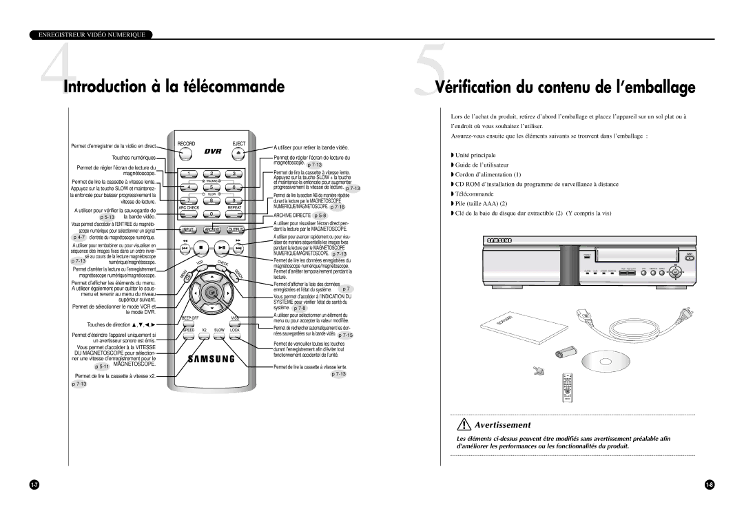 Samsung SCR-3000P manual 4Introduction à la télécommande, 5Vérification du contenu de l’emballage 