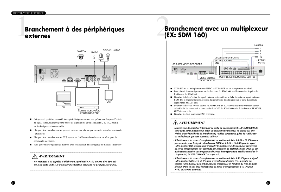 Samsung SCR-3000P manual 2Branchement avec un multiplexeur EX SDM, Avertissement 