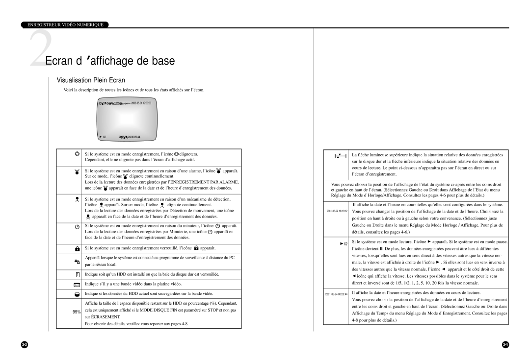 Samsung SCR-3000P manual 2Ecran d’affichage de base, Visualisation Plein Ecran, Détails, consultez les pages 