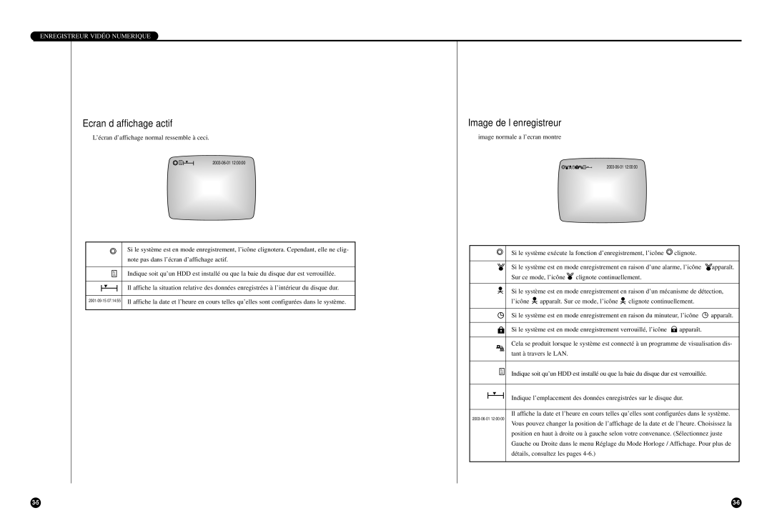 Samsung SCR-3000P manual Ecran d’affichage actif, Image de l’enregistreur, ’écran d’affichage normal ressemble à ceci 