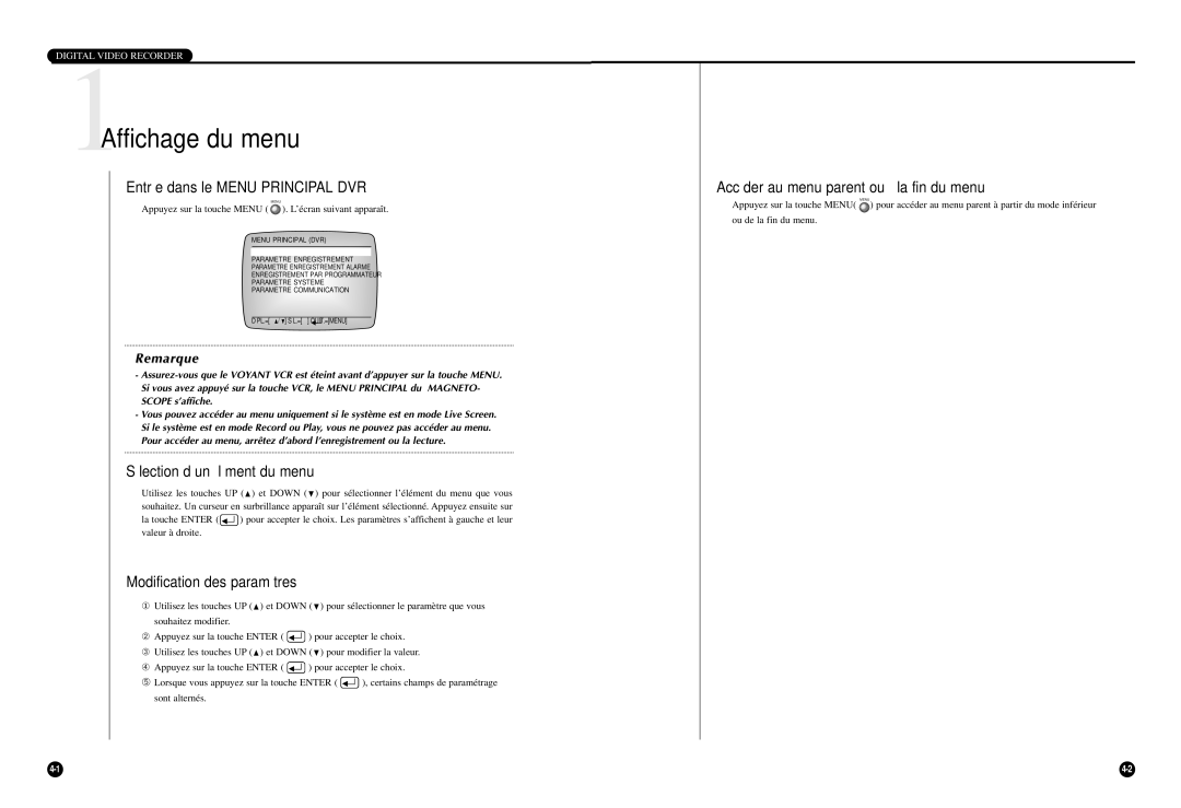 Samsung SCR-3000P Affichage du menu, Sélection d’un élément du menu, Modification des paramètres, ’écran suivant apparaît 