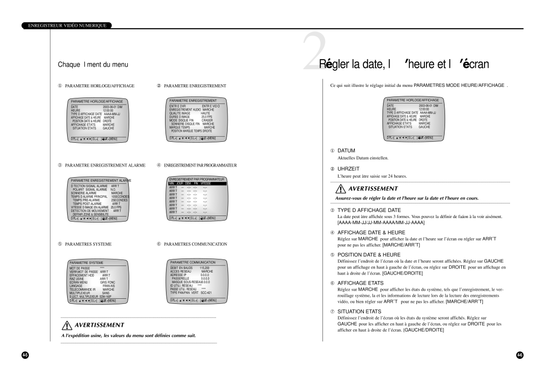 Samsung SCR-3000P manual 2Régler la date, l’heure et l’écran, Chaque élément du menu 