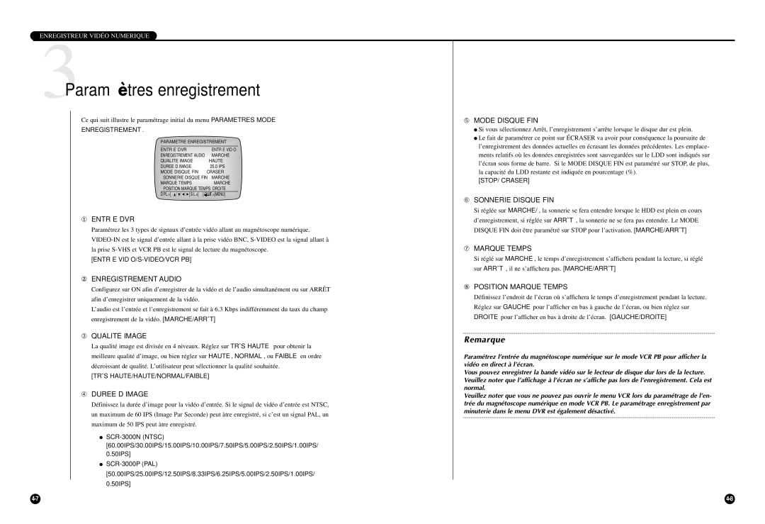 Samsung SCR-3000P manual 3Paramètres enregistrement 