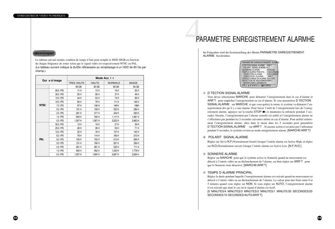 Samsung SCR-3000P manual 4PARAMETRE Enregistrement Alarmhe, ① Détection Signal Alarme, ② Polarité Signal Alarme 