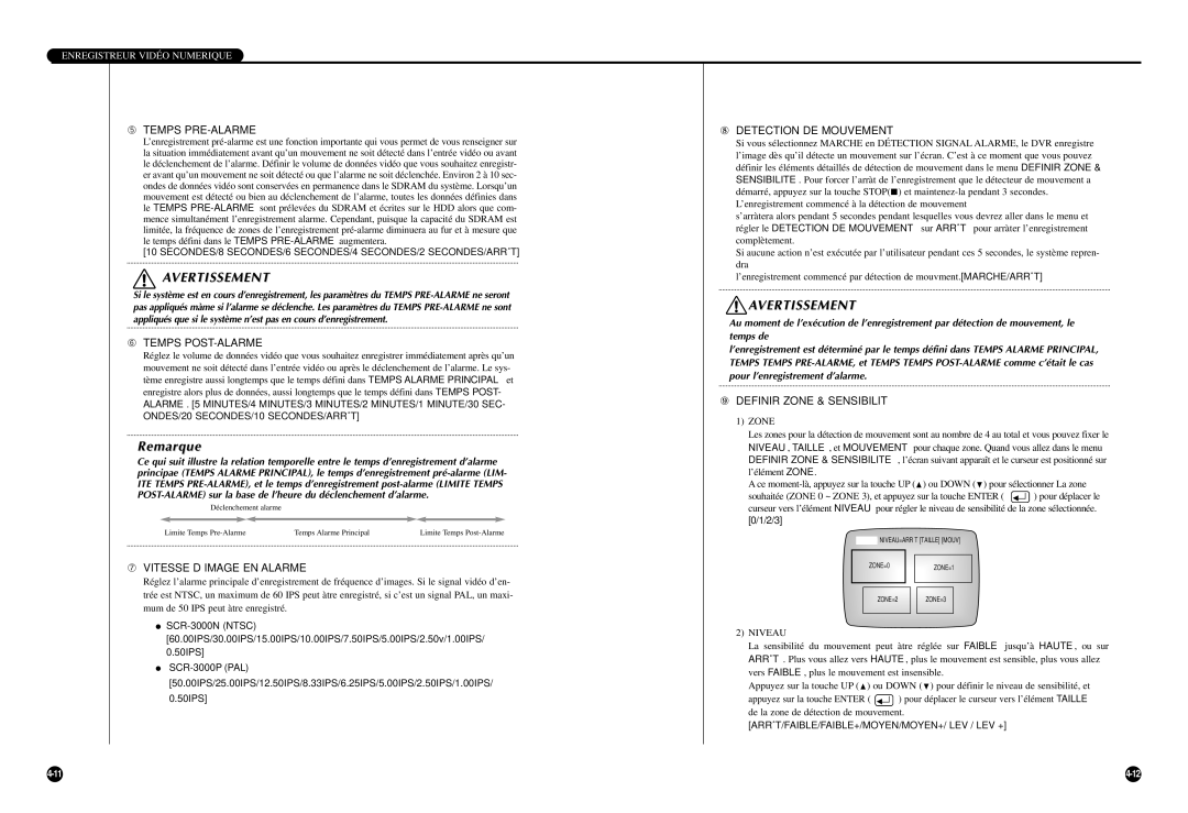 Samsung SCR-3000P manual ➄ Temps PRE-ALARME, ➅ Temps POST-ALARME, ➆ Vitesse D’IMAGE EN Alarme, ⑧ Detection DE Mouvement 