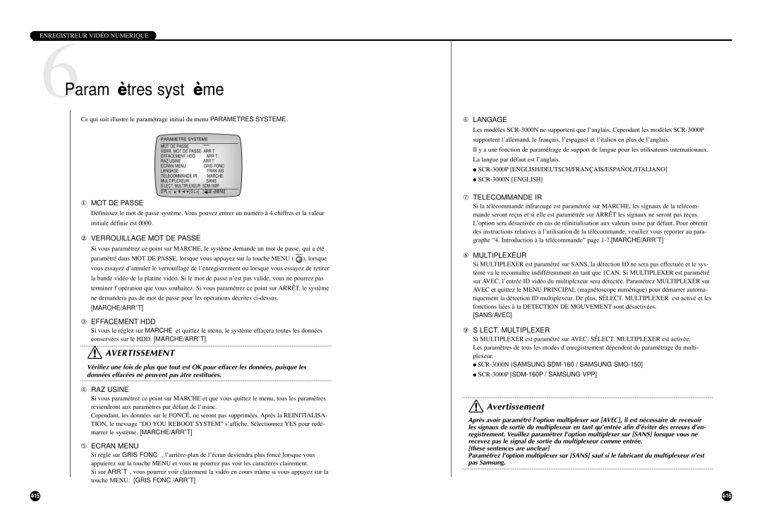 Samsung SCR-3000P manual 6Paramètres système 