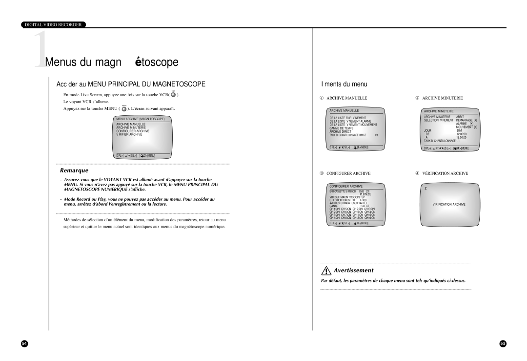 Samsung SCR-3000P manual Menus du magnétoscope, Éléments du menu 