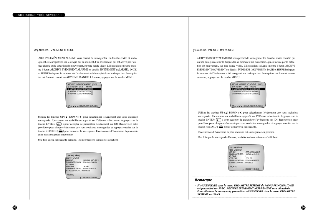 Samsung SCR-3000P manual Archive Événementalarme, Archive Événementmouvement 