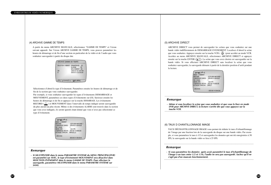 Samsung SCR-3000P manual Archive Gamme DE Temps, Archive Direct, Taux Déchantillonnage Image 