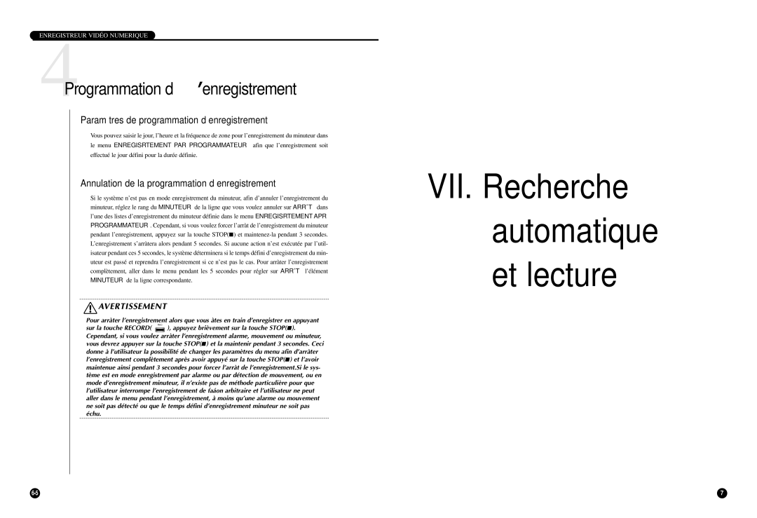 Samsung SCR-3000P manual VII. Recherche automatique et lecture, 4Programmation d’enregistrement 