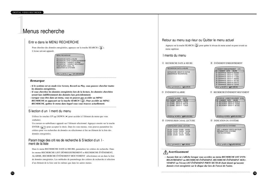 Samsung SCR-3000P 1Menus recherche, Entrée dans le Menu Recherche, Retour au menu supérieur ou Quitter le menu actuel 