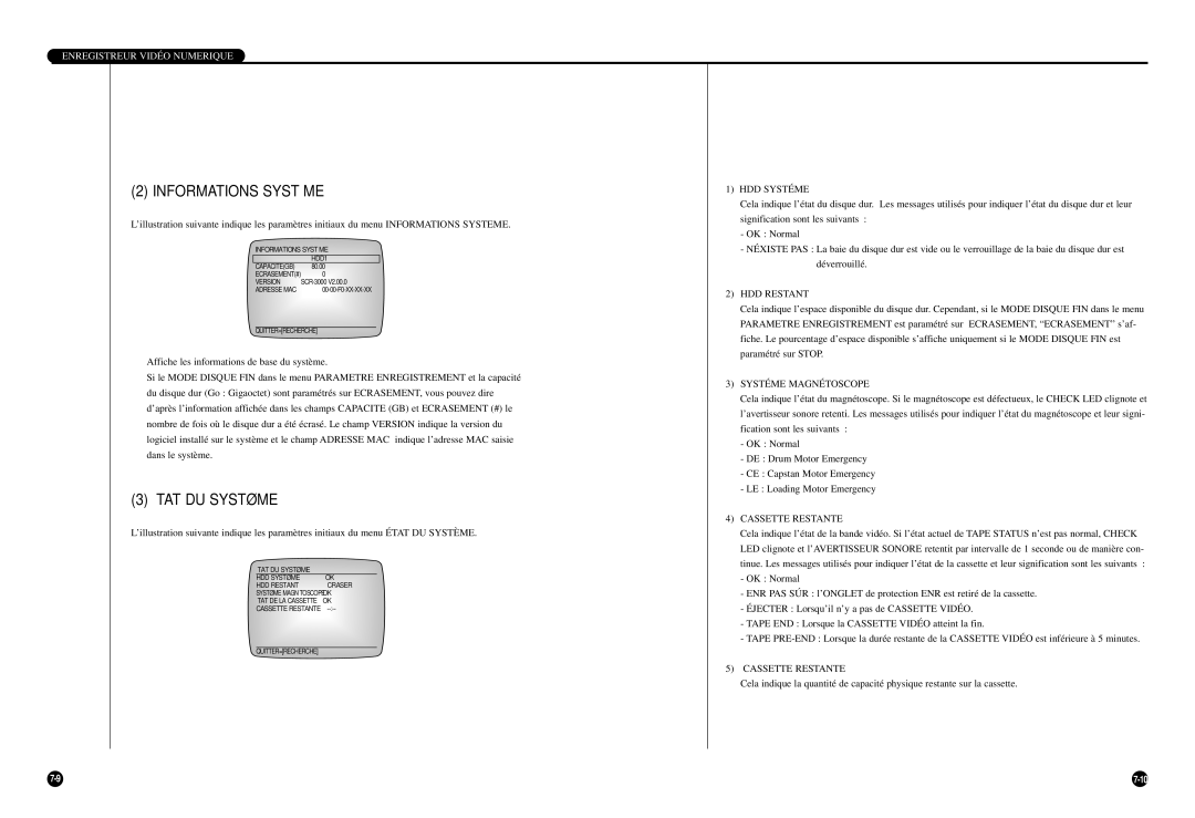 Samsung SCR-3000P manual HDD Systéme, HDD Restant, Systéme Magnétoscope, Cassette Restante 