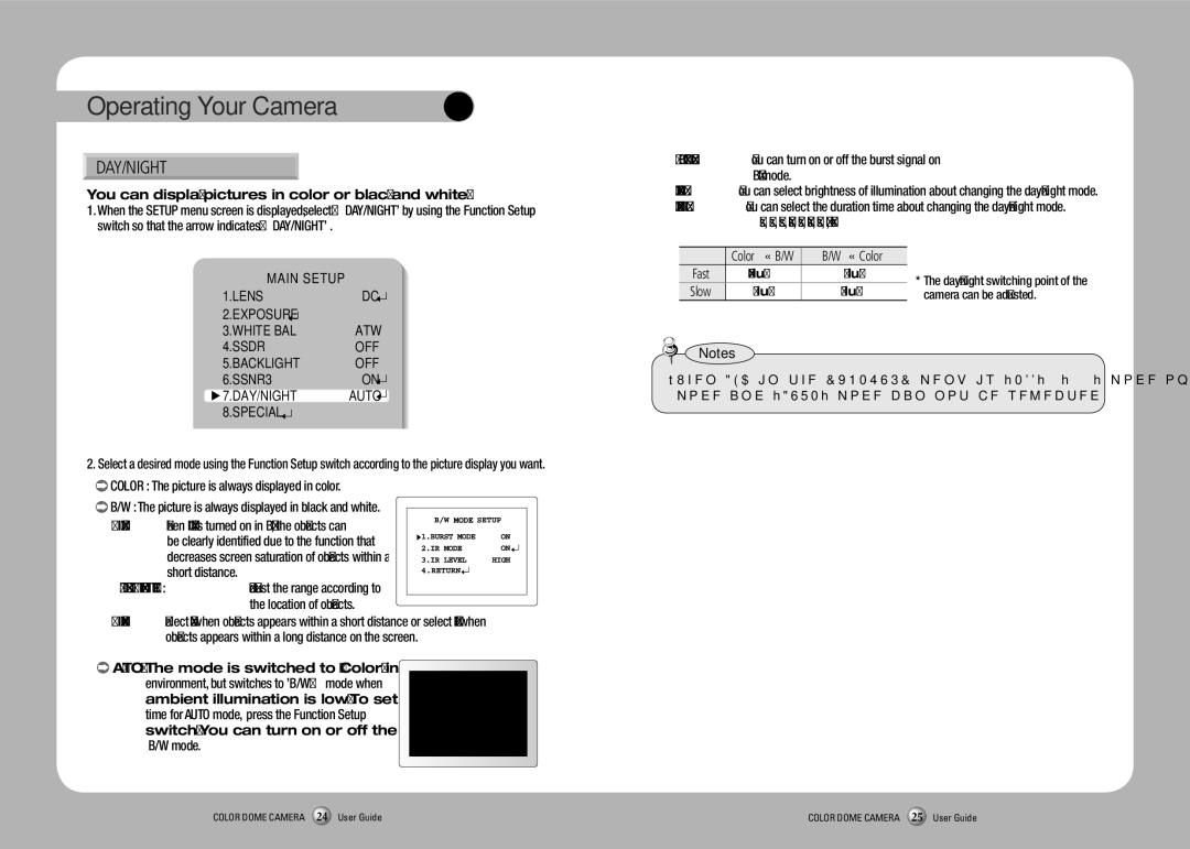 Samsung SCV-2080R manual Day/Night, You can display pictures in color or black and white, Camera can be adjusted 