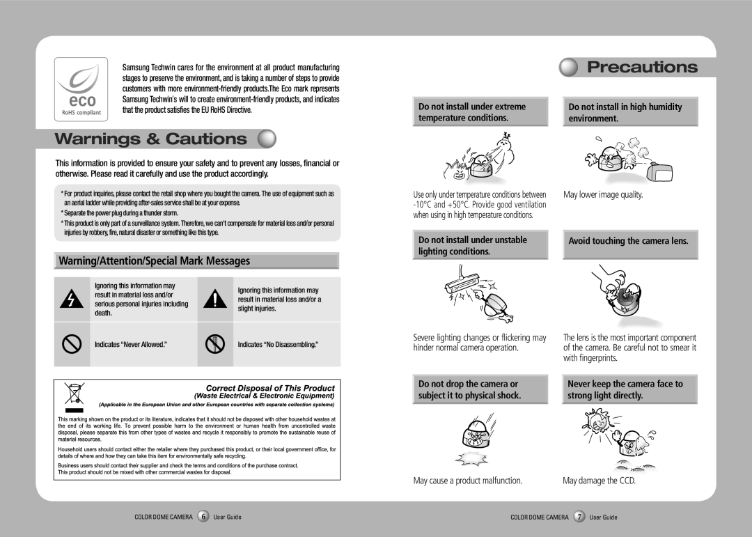 Samsung SCV-2080R manual Precautions, May lower image quality, May cause a product malfunction 