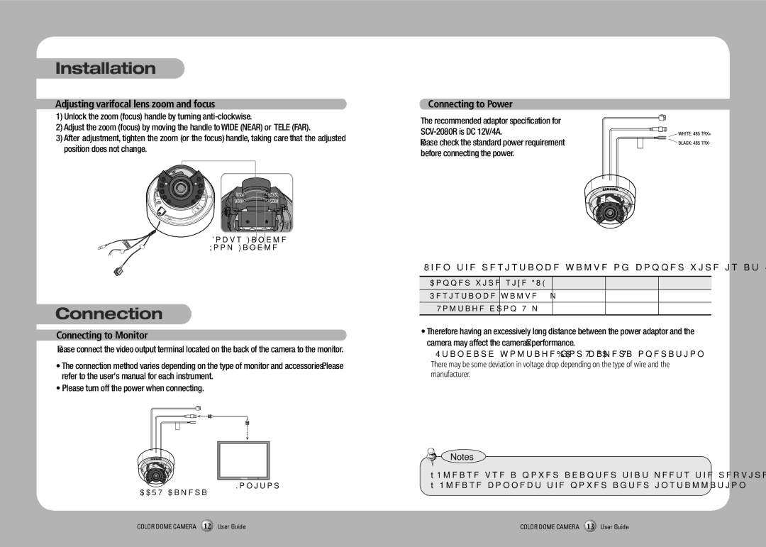 Samsung SCV-2080R manual Connection, Adjusting varifocal lens zoom and focus, Connecting to Monitor, Connecting to Power 