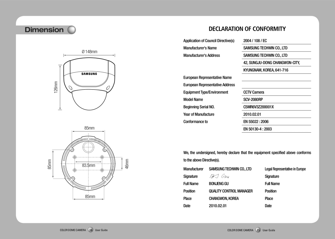 Samsung SCV-2080R manual Dimension, Ø 148mm 126mm 85mm, 83.5mm, 46mm, Declaration Of Conformity 